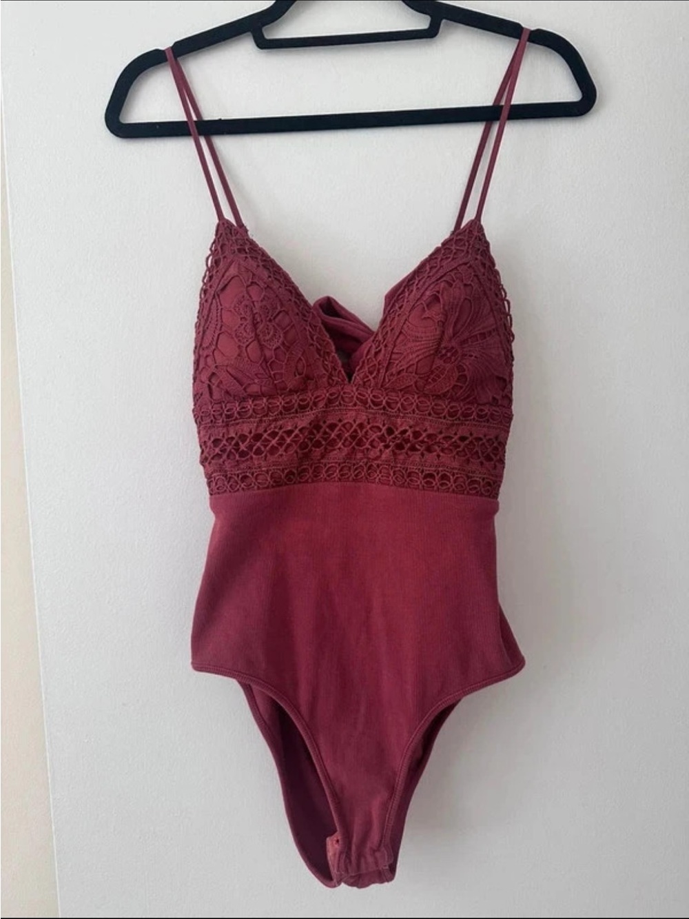 Lace Trim Burgundy Bodysuit